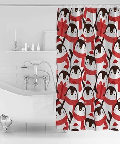 Cute Cartoon Penguin Christmas Shower Curtain - Waterproof Washable Bathroom Decor