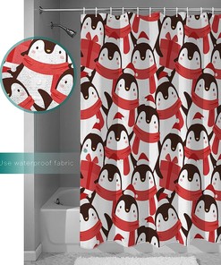 Cute Cartoon Penguin Christmas Shower Curtain - Waterproof Washable Bathroom Decor