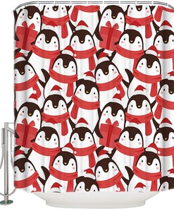 Cute Cartoon Penguin Christmas Shower Curtain - Waterproof Washable Bathroom Decor