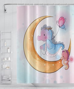 Cute Cartoon Pink Seahorse and Dream Moon Shower Curtain with Animal Design for Girly Bathtub Decor