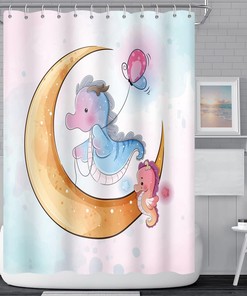 Cute Cartoon Pink Seahorse and Dream Moon Shower Curtain with Animal Design for Girly Bathtub Decor