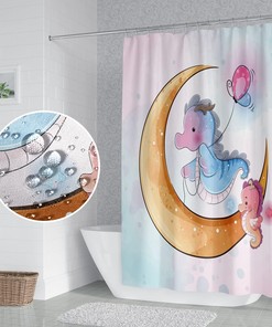 Cute Cartoon Pink Seahorse and Dream Moon Shower Curtain with Animal Design for Girly Bathtub Decor