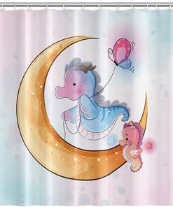 Cute Cartoon Pink Seahorse and Dream Moon Shower Curtain with Animal Design for Girly Bathtub Decor
