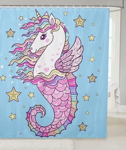 Cute Cartoon Unicorn Kids And Mermaid Shower Curtain With Ocean Animals In Watercolor
