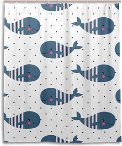 Cute Cartoon Whales Polka Dots Shower Curtain, Playful Bathroom Decor 