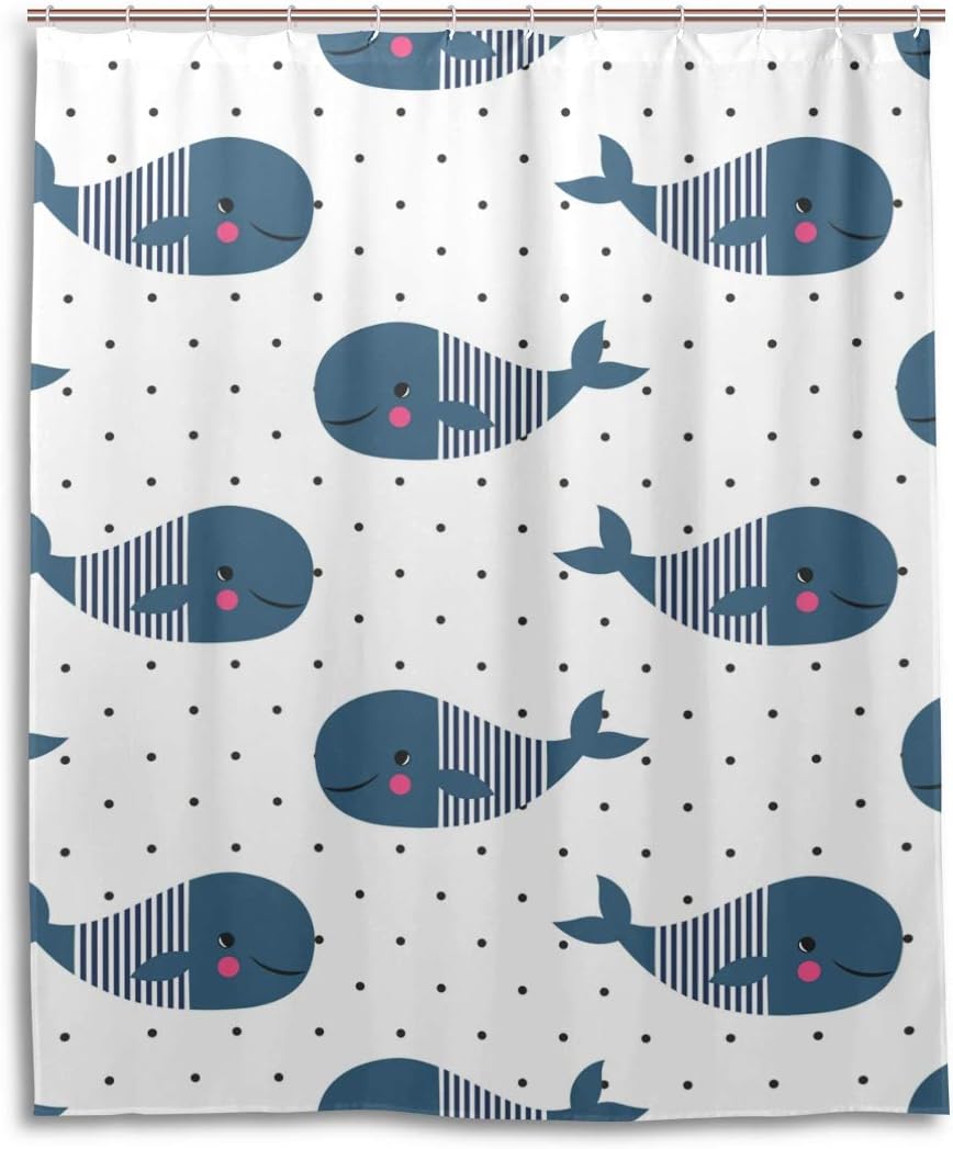 Cute Cartoon Whales Polka Dots Shower Curtain, Playful Bathroom Decor