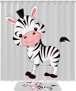Cute Cartoon Zebra Bathroom Accessories Set With Waterproof Fabric Shower Curtain And Mat
