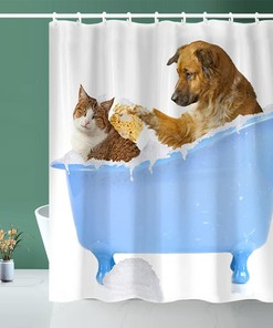 Cute Cat And Dog Printed Shower Curtain, Waterproof Fabric For Home And Hotel Use