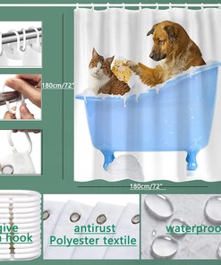 Cute Cat And Dog Printed Shower Curtain, Waterproof Fabric For Home And Hotel Use