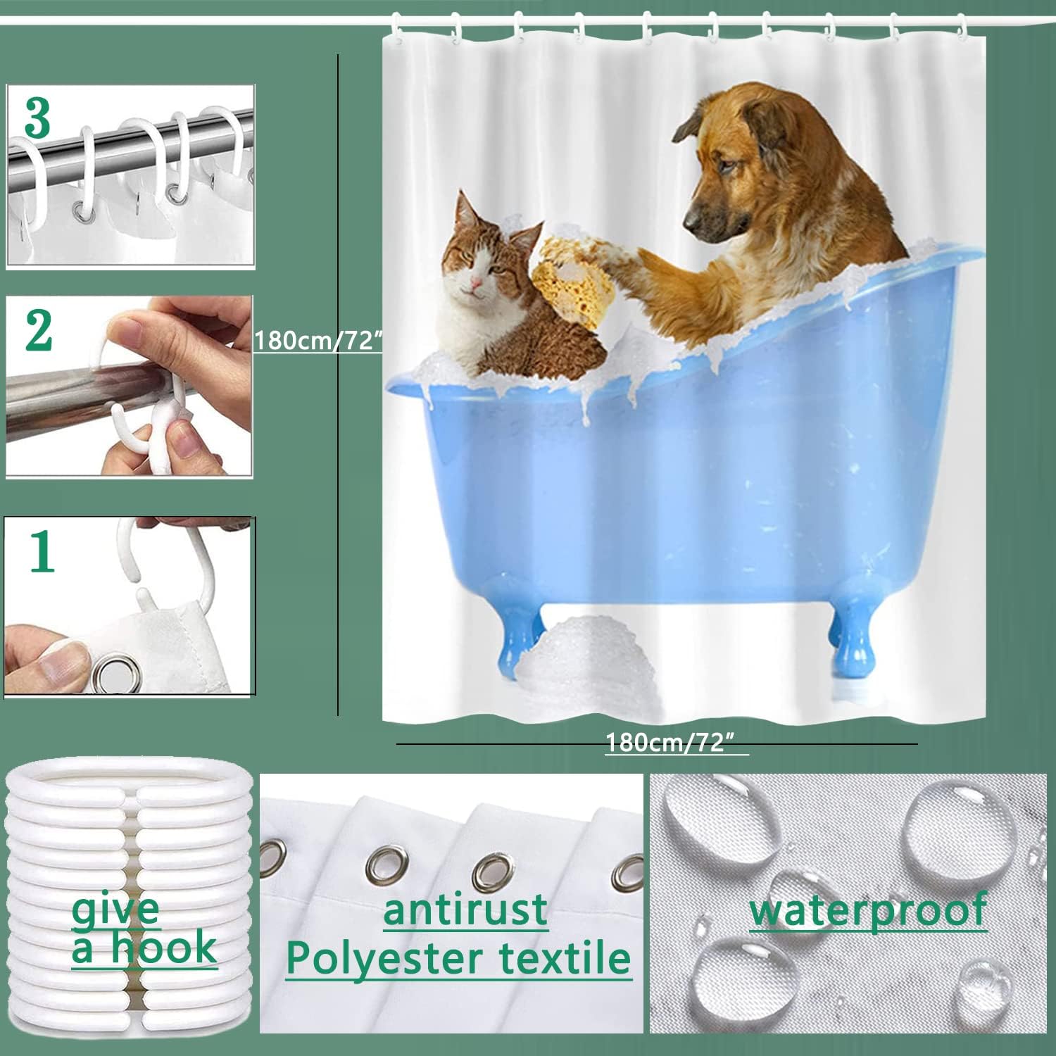 Cute Cat And Dog Printed Shower Curtain, Waterproof Fabric For Home And Hotel Use