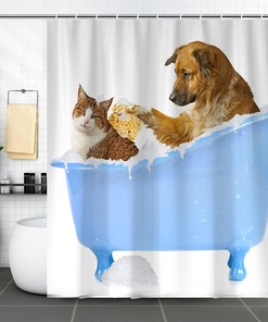 Cute Cat And Dog Printed Shower Curtain, Waterproof Fabric For Home And Hotel Use