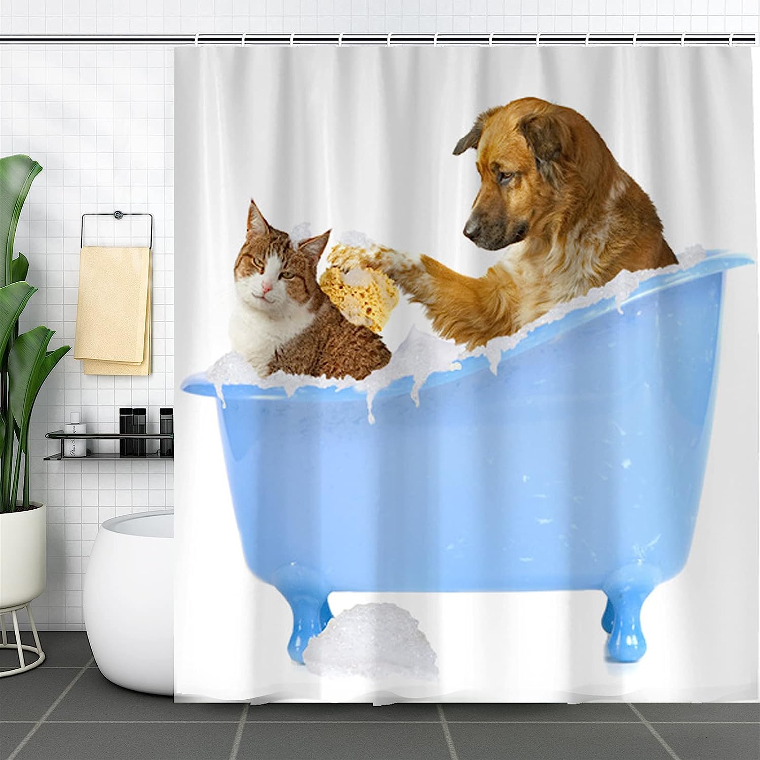 Cute Cat And Dog Printed Shower Curtain, Waterproof Fabric For Home And Hotel Use