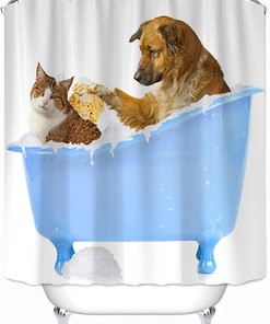 Cute Cat And Dog Printed Shower Curtain, Waterproof Fabric For Home And Hotel Use