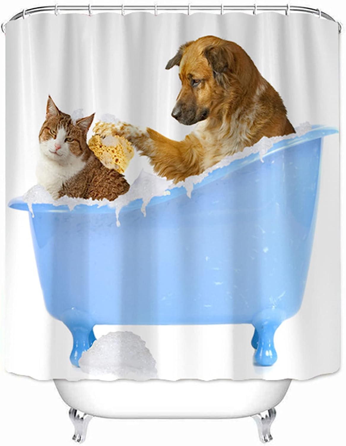 Cute Cat And Dog Printed Shower Curtain, Waterproof Fabric For Home And Hotel Use