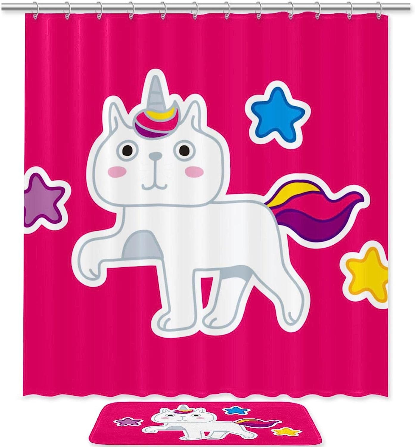 Cute Cat Unicorn Waterproof Shower Curtain For Magical Bathroom Decor