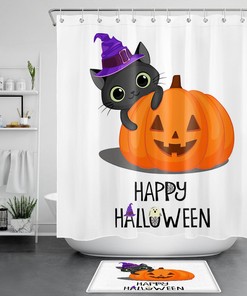 Cute Cat With Pumpkin Witch Hat For Happy Halloween Shower Curtain