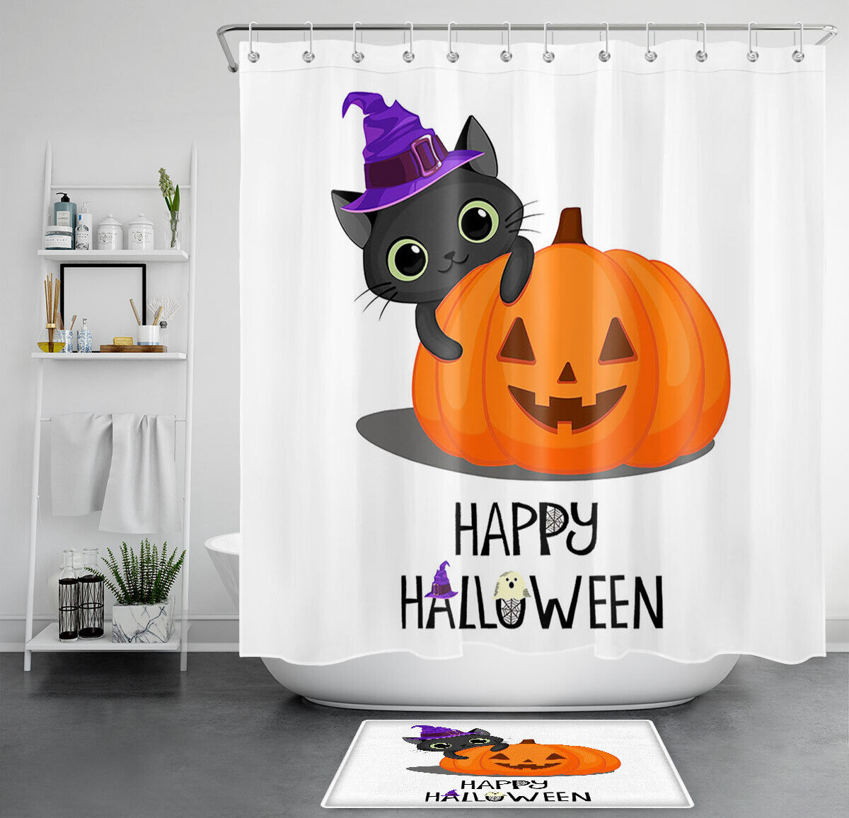Cute Cat With Pumpkin Witch Hat For Happy Halloween Shower Curtain