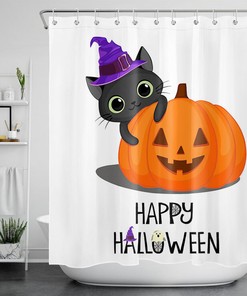 Cute Cat With Pumpkin Witch Hat For Happy Halloween Shower Curtain