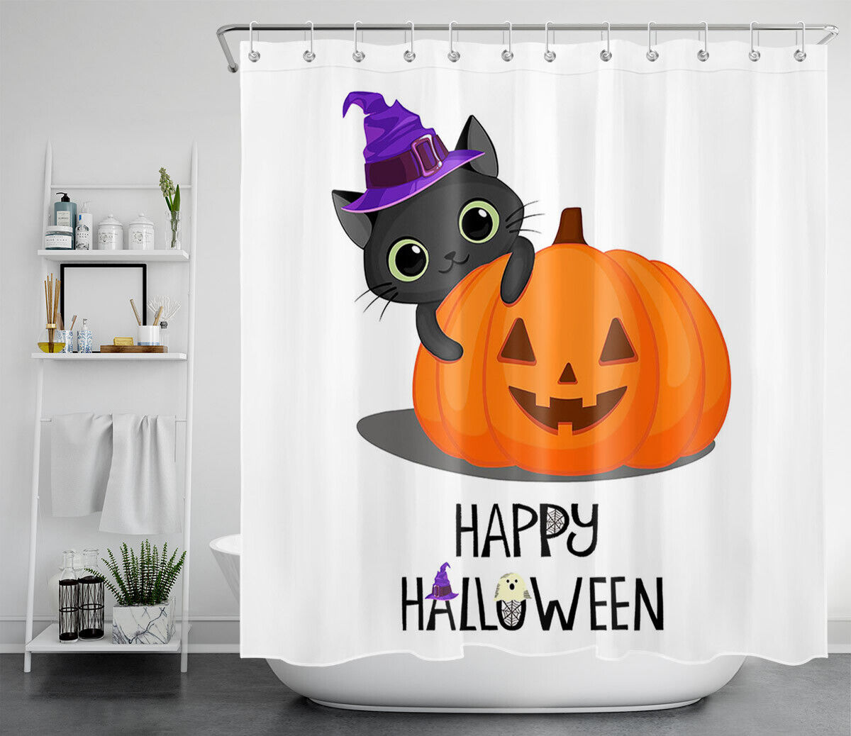 Cute Cat With Pumpkin Witch Hat For Happy Halloween Shower Curtain