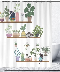 Cute Cat and Cactus Shower Curtain - Add Some Fun and Whimsy with a Funny Fabric Curtain for Your Bathroom Decor