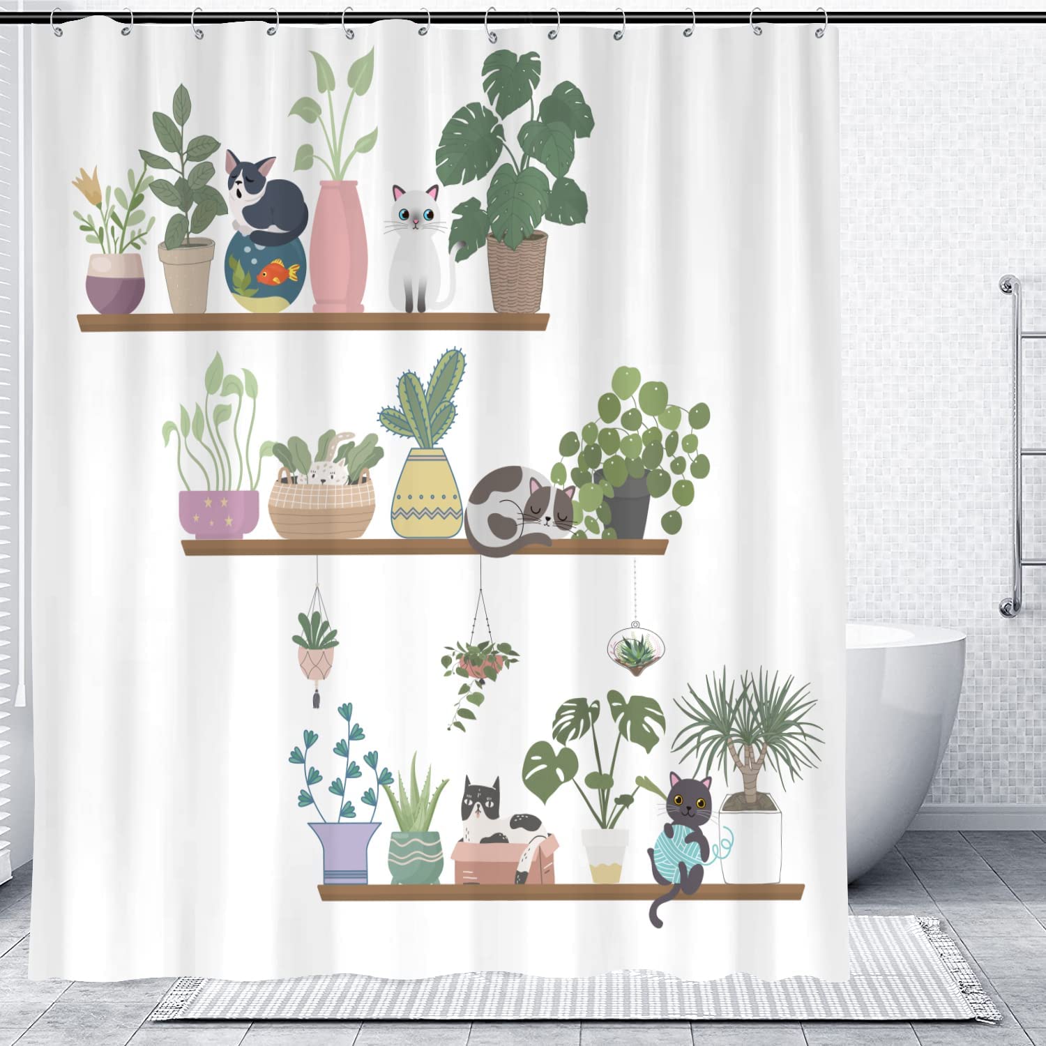 Cute Cat and Cactus Shower Curtain - Add Some Fun and Whimsy with a Funny Fabric Curtain for Your Bathroom Decor