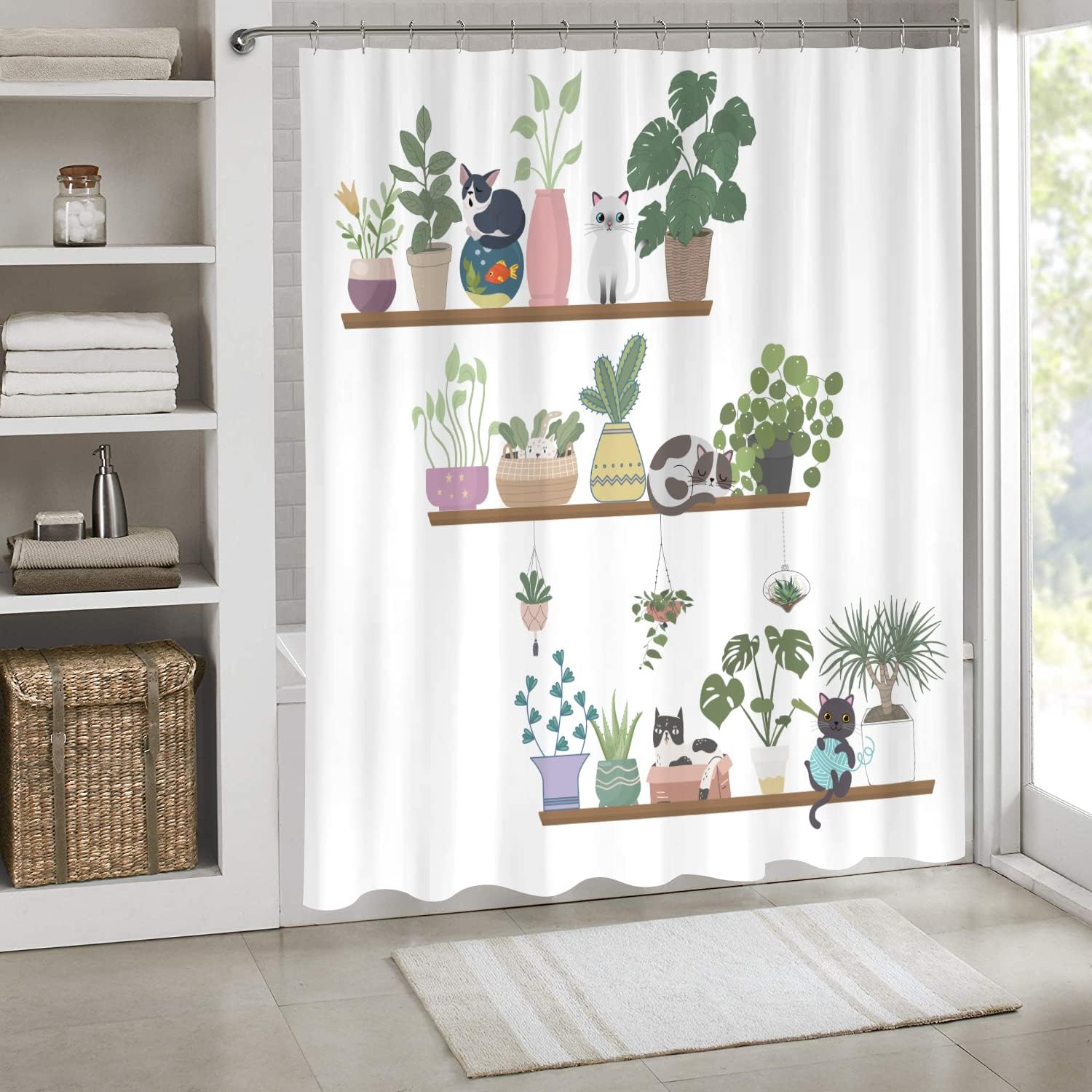 Cute Cat and Cactus Shower Curtain - Add Some Fun and Whimsy with a Funny Fabric Curtain for Your Bathroom Decor