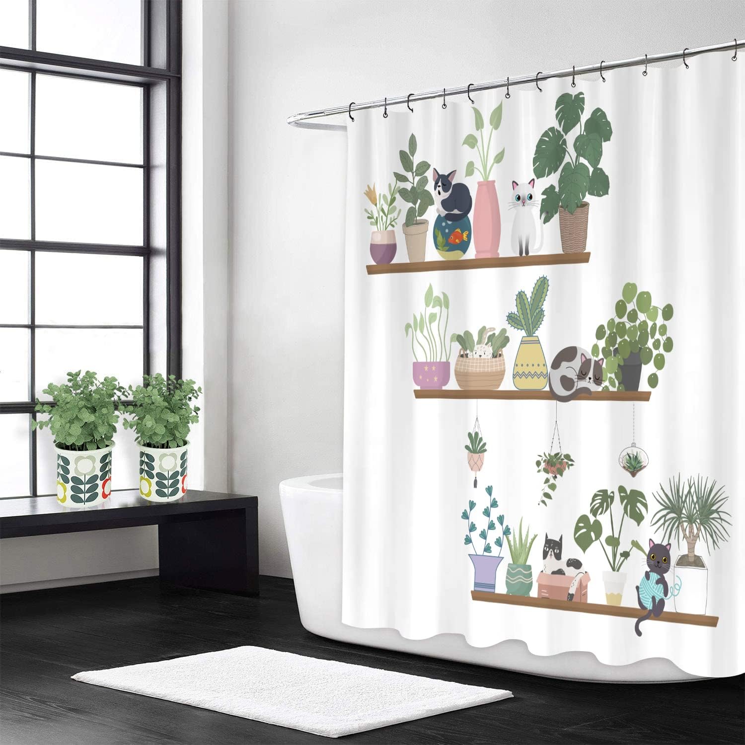 Cute Cat and Cactus Shower Curtain - Add Some Fun and Whimsy with a Funny Fabric Curtain for Your Bathroom Decor
