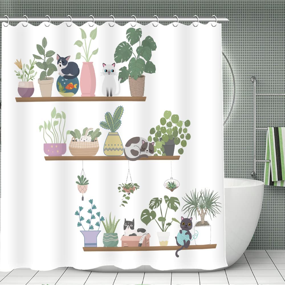 Cute Cat and Cactus Shower Curtain - Add Some Fun and Whimsy with a Funny Fabric Curtain for Your Bathroom Decor