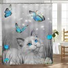 Cute Cat with Blue Butterfly Shower Curtain - Perfect for Cat Lovers and Bathroom Decor