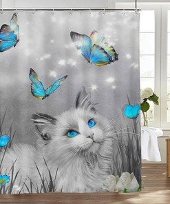 Cute Cat with Blue Butterfly Shower Curtain - Perfect for Cat Lovers and Bathroom Decor