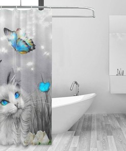 Cute Cat with Blue Butterfly Shower Curtain - Perfect for Cat Lovers and Bathroom Decor