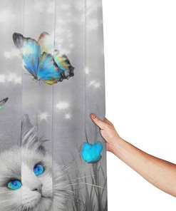 Cute Cat with Blue Butterfly Shower Curtain - Perfect for Cat Lovers and Bathroom Decor