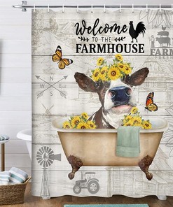 Cute Cattle In Sunflower Bathtub Art Farmhouse Shower Curtain For Bathroom Funny Farm Cow Sunflowers Bathroom Curtain