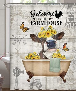 Cute Cattle In Sunflower Bathtub Art Farmhouse Shower Curtain For Bathroom Funny Farm Cow Sunflowers Bathroom Curtain 