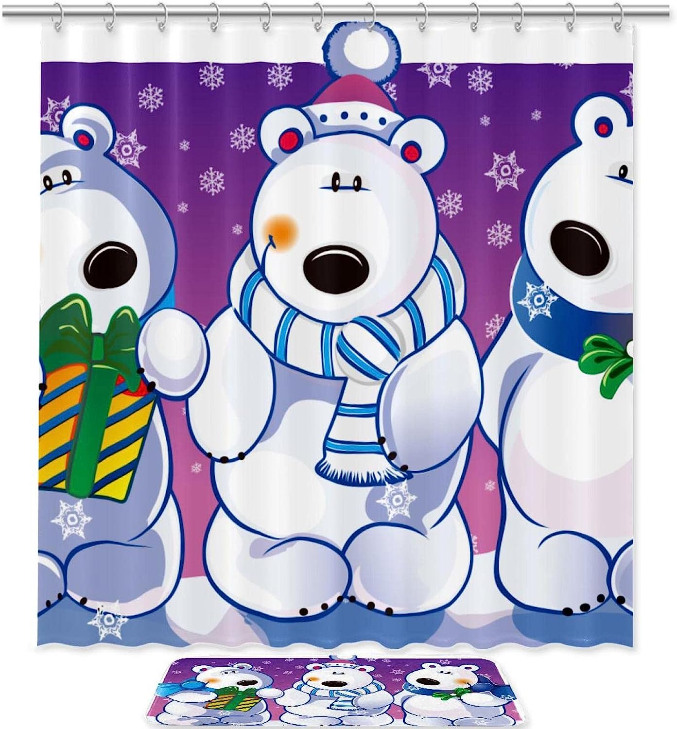 Cute Christmas Bears Snowflake Waterproof Shower Curtain