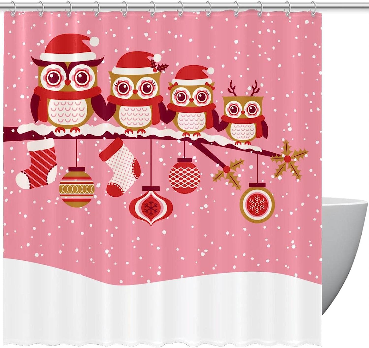 Cute Christmas Owls In The Snow Print Shower Curtain For Bathroom Decor