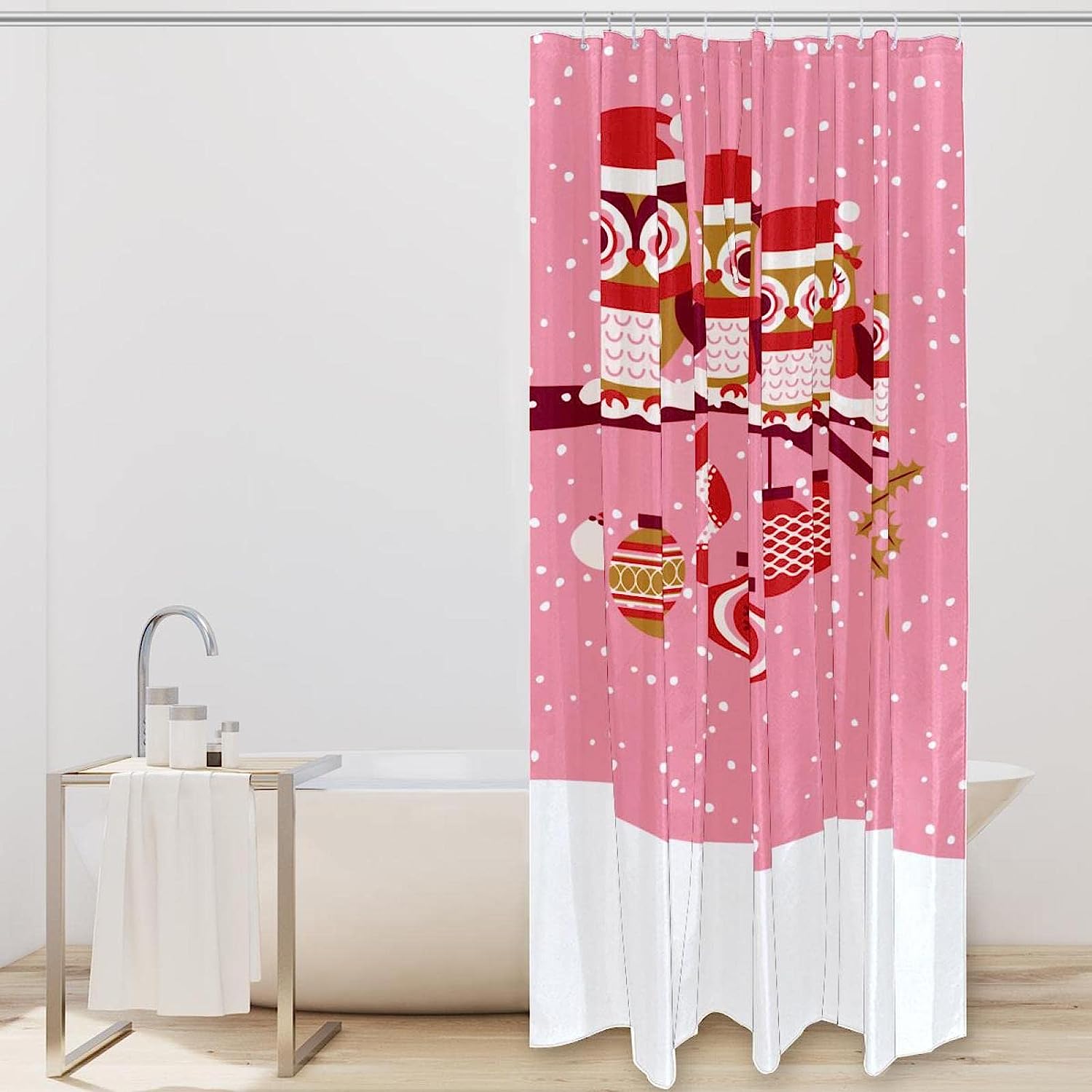 Cute Christmas Owls In The Snow Print Shower Curtain For Bathroom Decor - Image 2