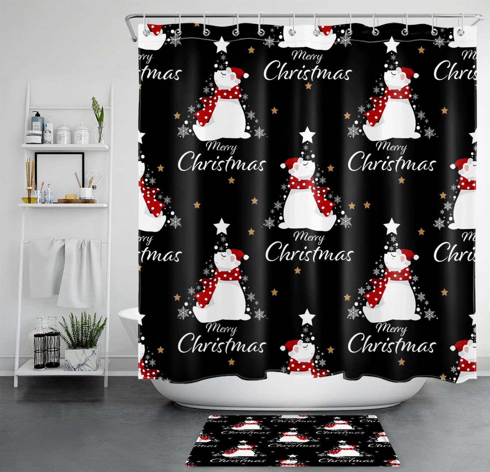 Cute Christmas Shower Curtain with Star and Snowflake Design