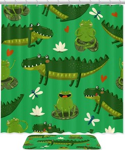 Cute Crocodile Green Frog Waterproof Shower Curtain For Kids