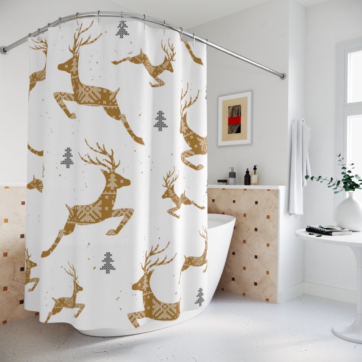 Cute Deer Bath Curtain For Farmhouse Style Christmas Bathroom Items And Country Holiday Curtains
