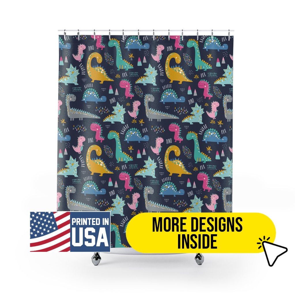 Cute Dino Pattern Shower Curtain For Kid'S Bathroom