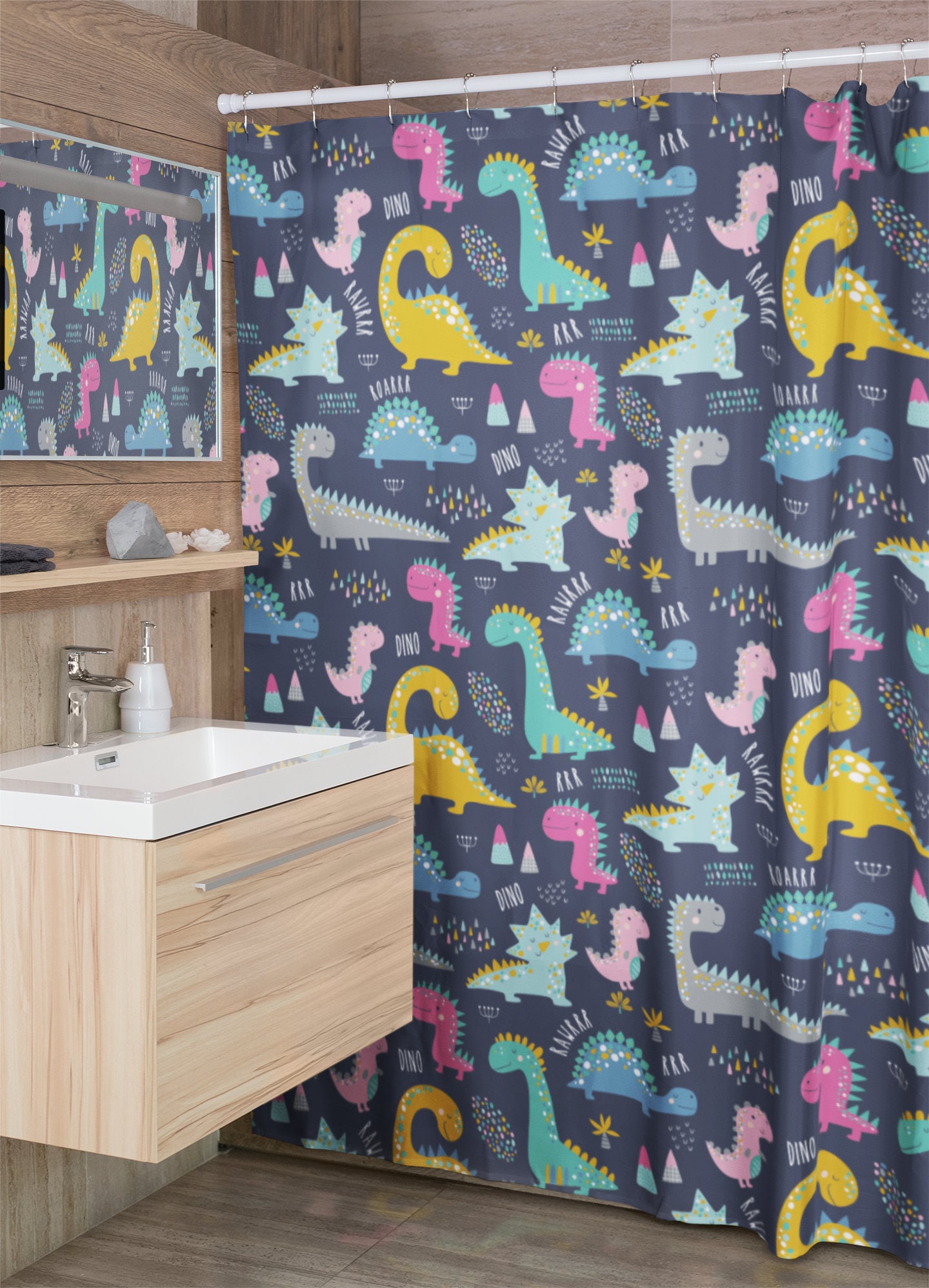 Cute Dino Pattern Shower Curtain For Kid'S Bathroom - Image 3