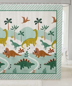 Cute Dinosaur Cartoon Animal with Tropical Palm Trees Shower Curtain for Kids Room Decoration