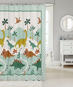Cute Dinosaur Cartoon Animal with Tropical Palm Trees Shower Curtain for Kids Room Decoration