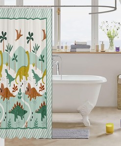 Cute Dinosaur Cartoon Animal with Tropical Palm Trees Shower Curtain for Kids Room Decoration