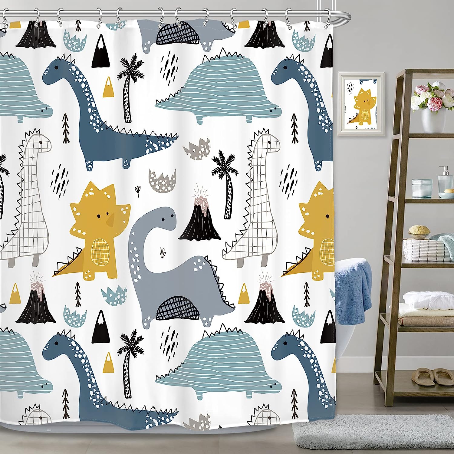 Cute Dinosaur Cartoon Graffiti Art Printed Waterproof Fabric Shower Curtain for Kids Bathroom Decor