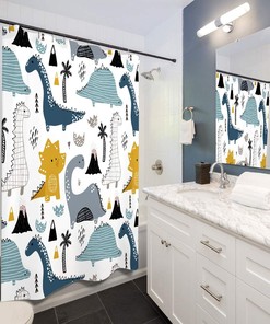 Cute Dinosaur Cartoon Graffiti Art Printed Waterproof Fabric Shower Curtain for Kids Bathroom Decor