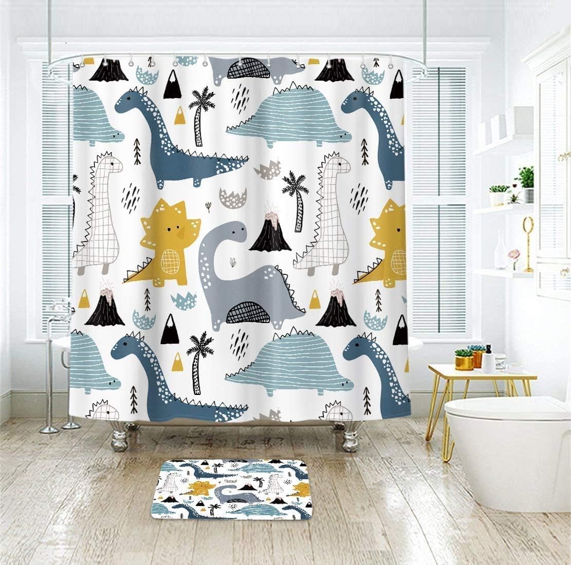 Cute Dinosaur Cartoon Graffiti Art Printed Waterproof Fabric Shower Curtain for Kids Bathroom Decor