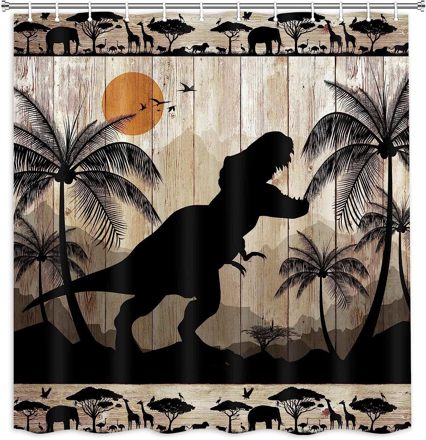 Cute Dinosaur Print Shower Curtain for Kids Bathroom in Rustic Farmhouse Style