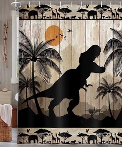 Cute Dinosaur Print Shower Curtain for Kids Bathroom in Rustic Farmhouse Style